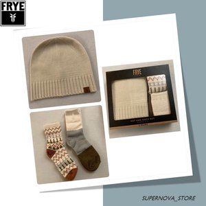 Frye Off White Cream Beanie Hat & Multicolor Soft Fuzzy Boot Socks Gift Set New